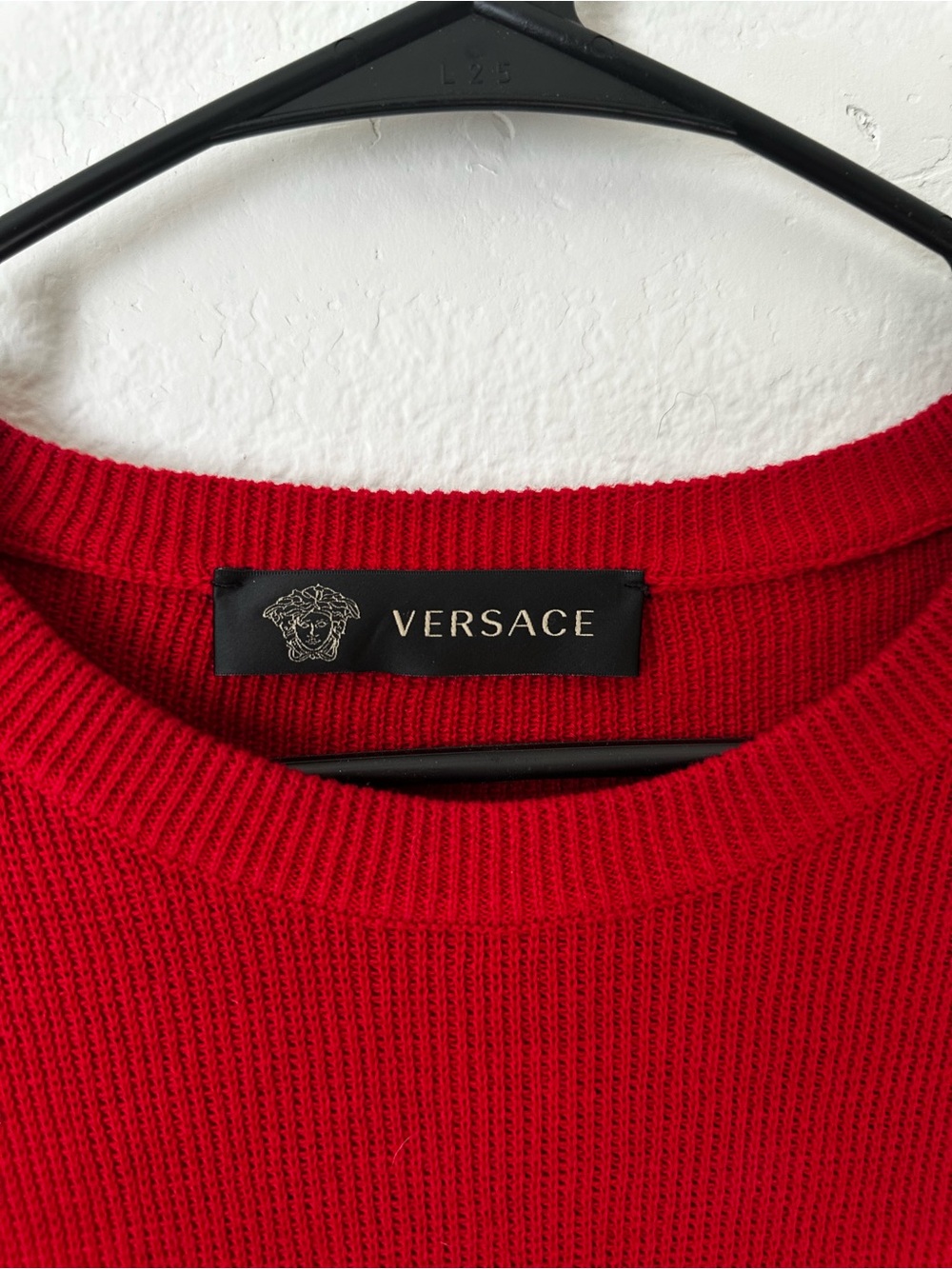 Versace Men's Bright Red Ribbed Crewneck Sweater